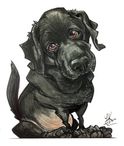 Pet caricature of a black lab with puppy dog eyes