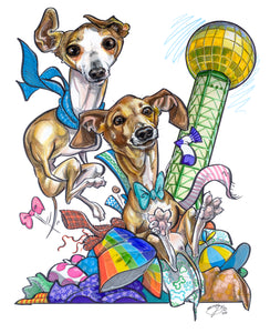 Pet caricature of two Italian greyhounds jumping into a pile of clothes