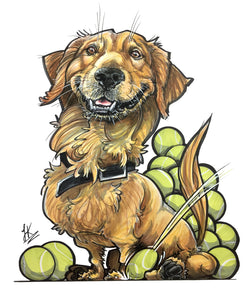 Pet caricature of a happy golden retriever and his tennis balls
