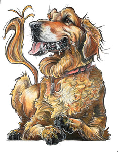 Caricature of a fluffy drooling golden retriever
