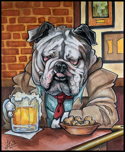 Pet Caricature of Norm the bulldog having a beer at the Cheers bar