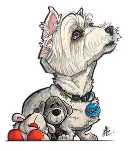 Dog caricature of a senior Westie with her favorite toys